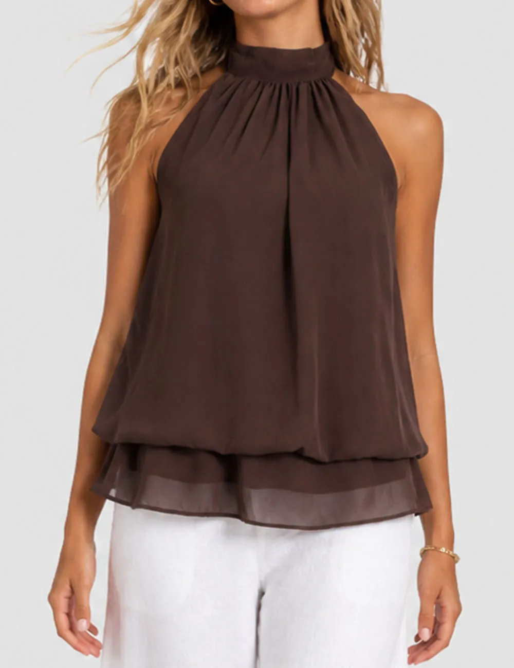 Chiffon Stand Neck Solid Color Ruffle Hem Sleeveless Top