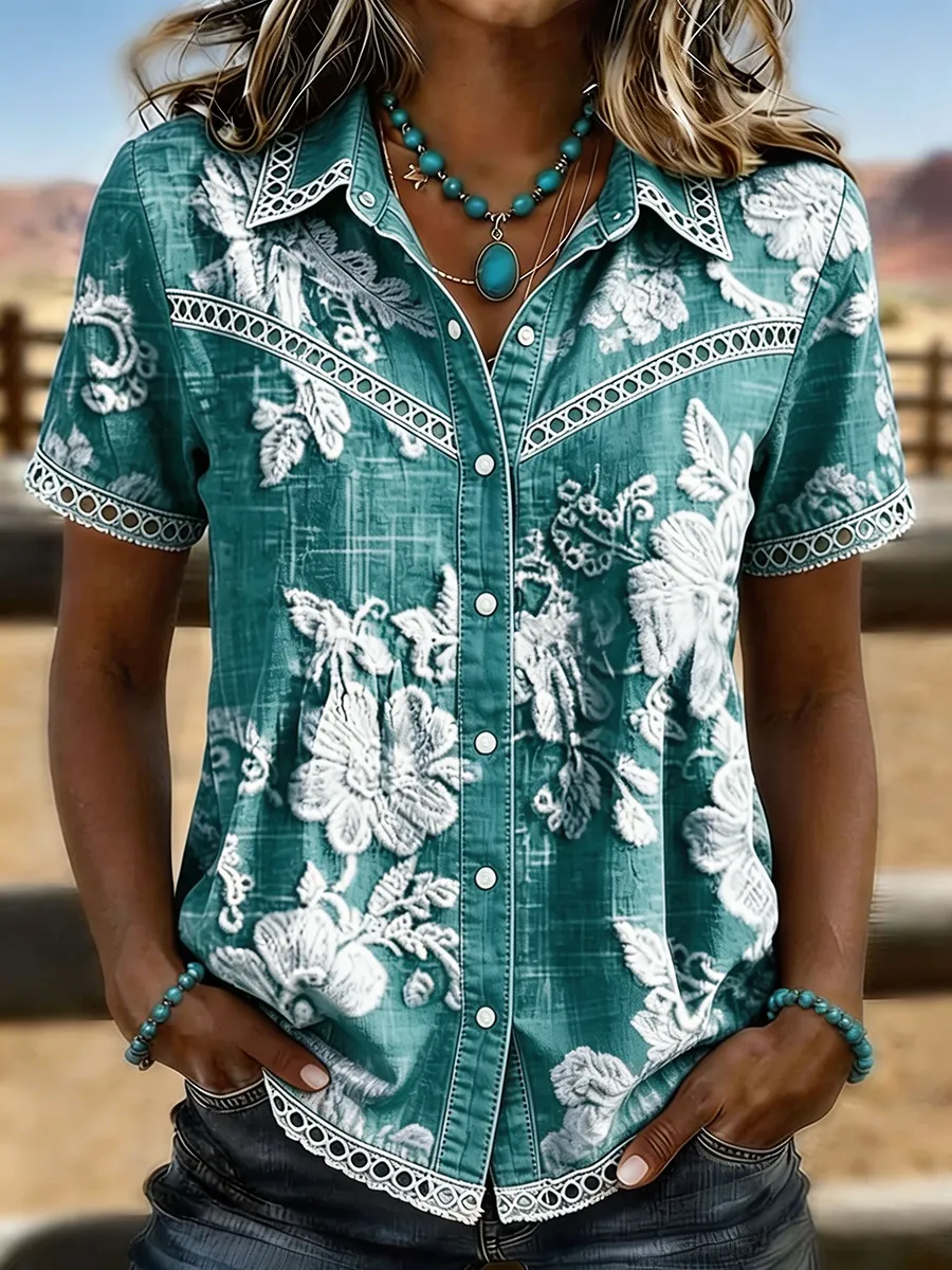 Women's Vintage Floral Embossed Lace Trim Western Short Sleeve Shirt