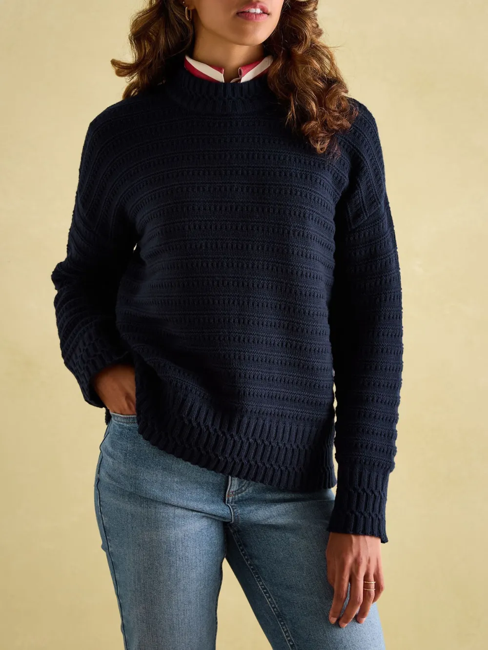 Cream Crew Neck Textured Jumper Contains Merino Wool