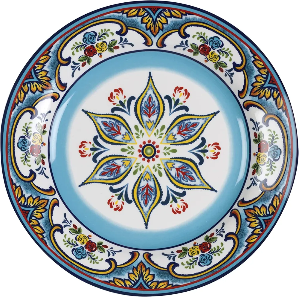 Euro Ceramica Zanzibar Double Bowl 16-Piece Dinnerware Set | Fine Kitchenware | Floral Multicolor Design Stoneware Tableware Service For 4