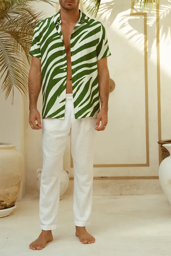 Green And White Diagonal Striped Short Sleeve Shirt