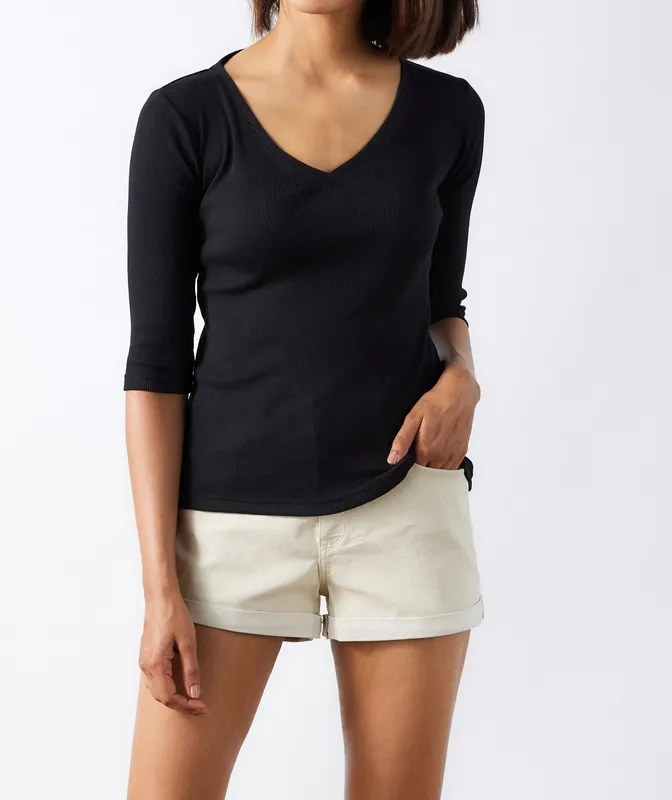 Black Ribbed V-Neck Tee