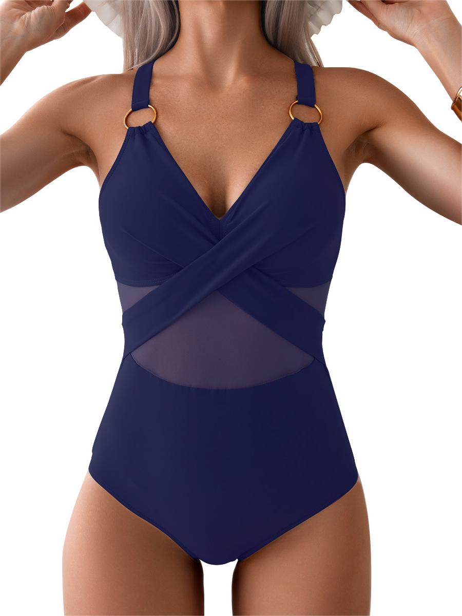 One-piece swimsuit for women solid color mesh bikini swimsuit