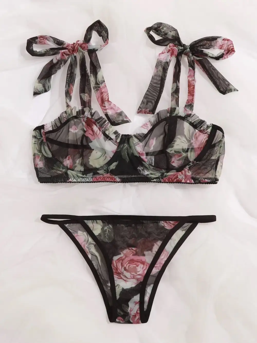 Bow Detail Mesh Lingerie Set