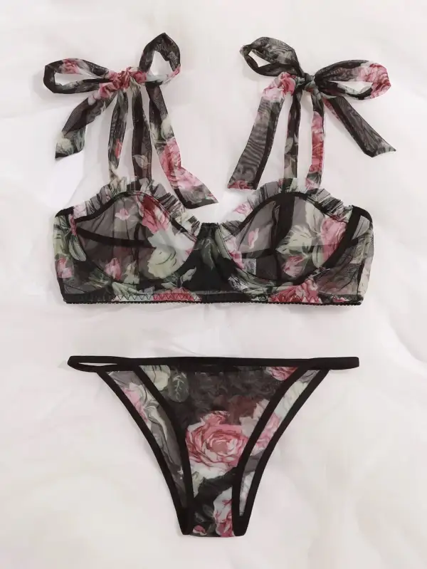 Bow Detail Mesh Lingerie Set