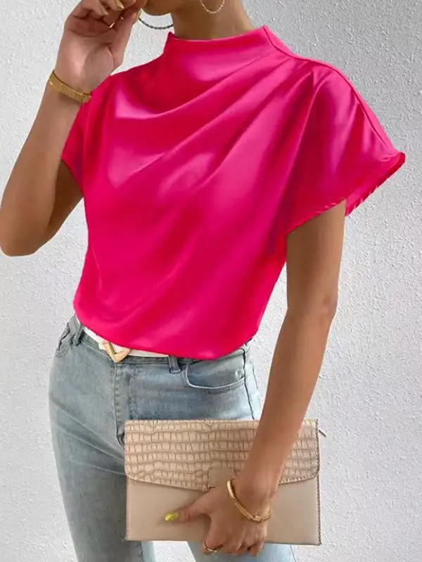Relaxed Short Sleeve Pleat Detail Mock Neck T-Shirt