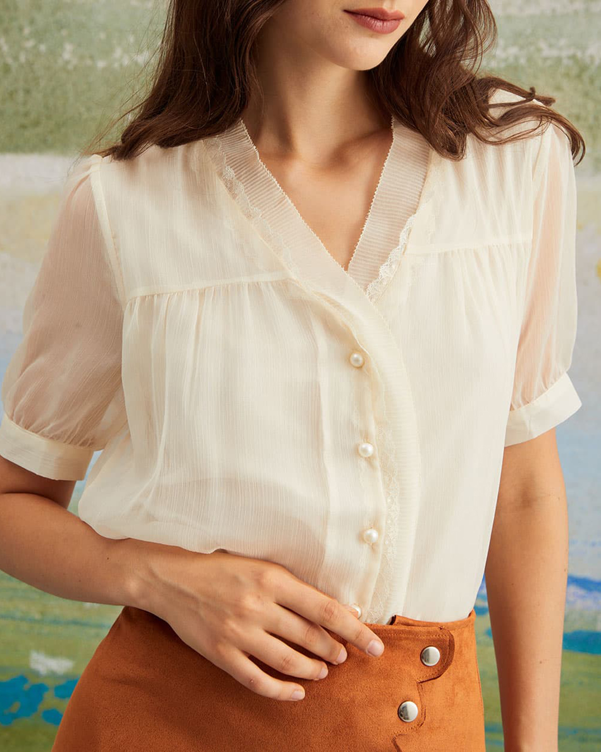 The Apricot V Neck Button See Through Shirt