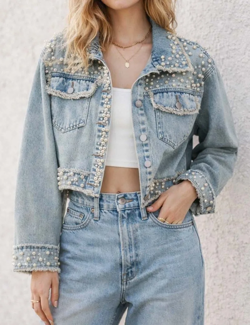 Faux Pearl Beaded Frayed Hem Cropped Denim Jacket