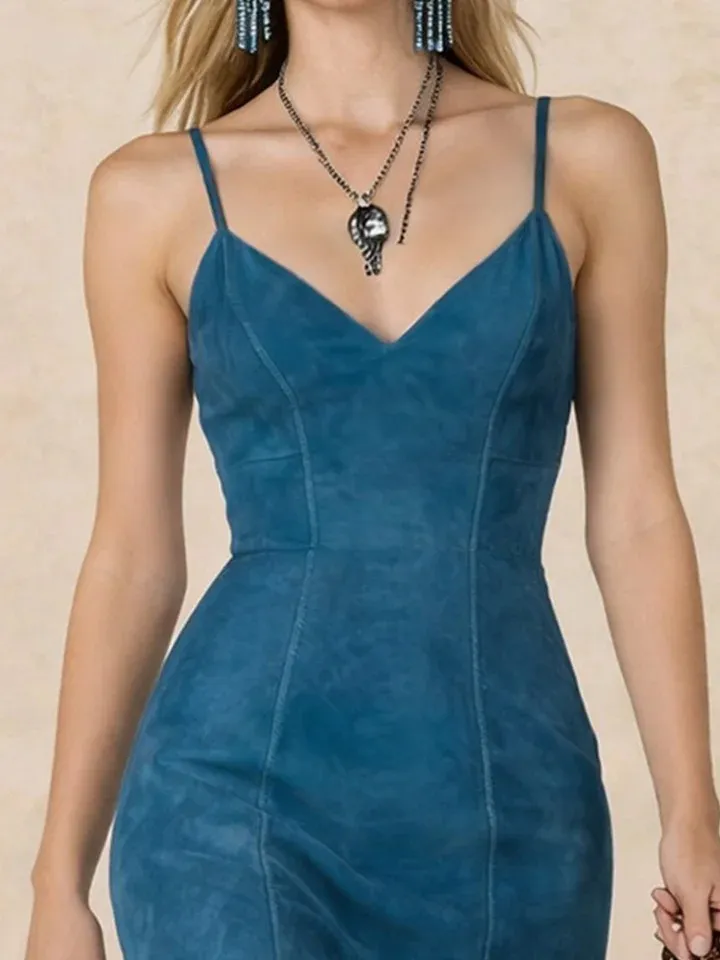 Blue Suede Halter V-Neck Tassel Midi Dress