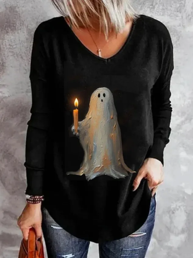 Casual Halloween V Neck Long Sleeve T-shirt