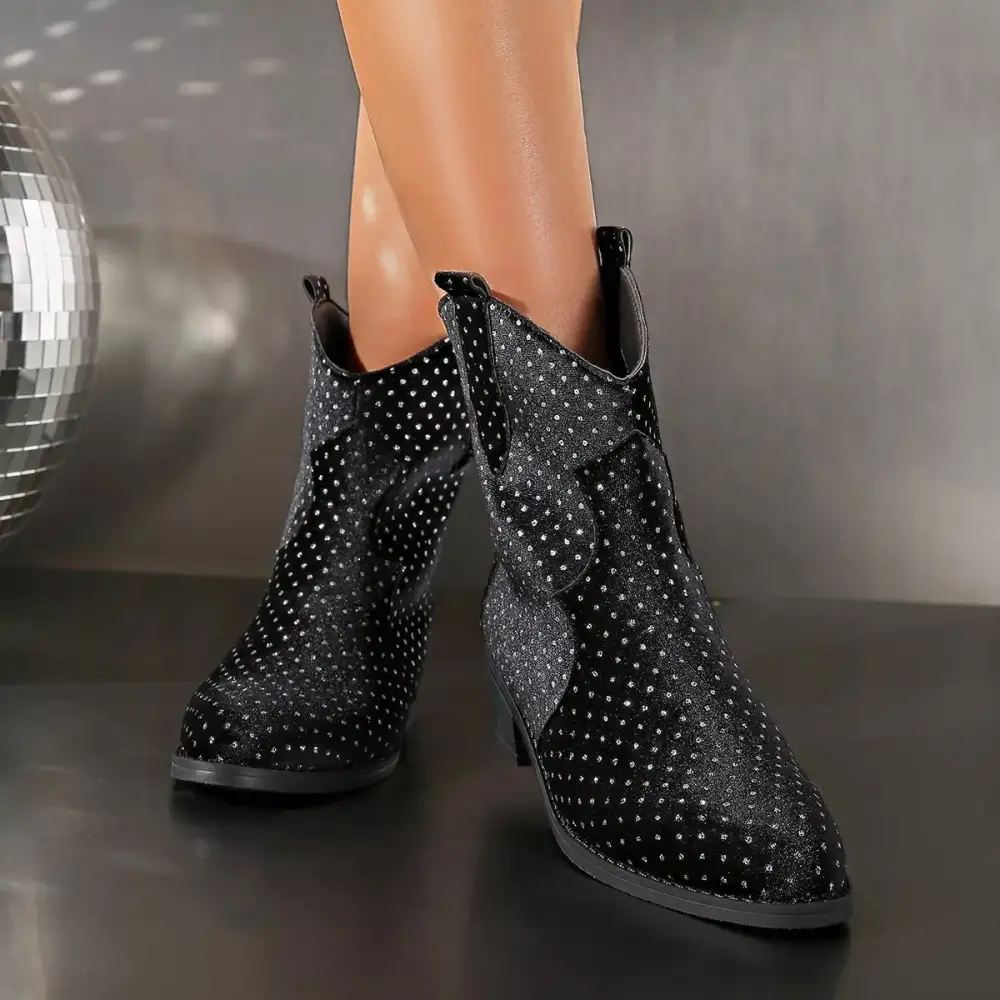 Sparkling Pointed Toe Block Heel Boots