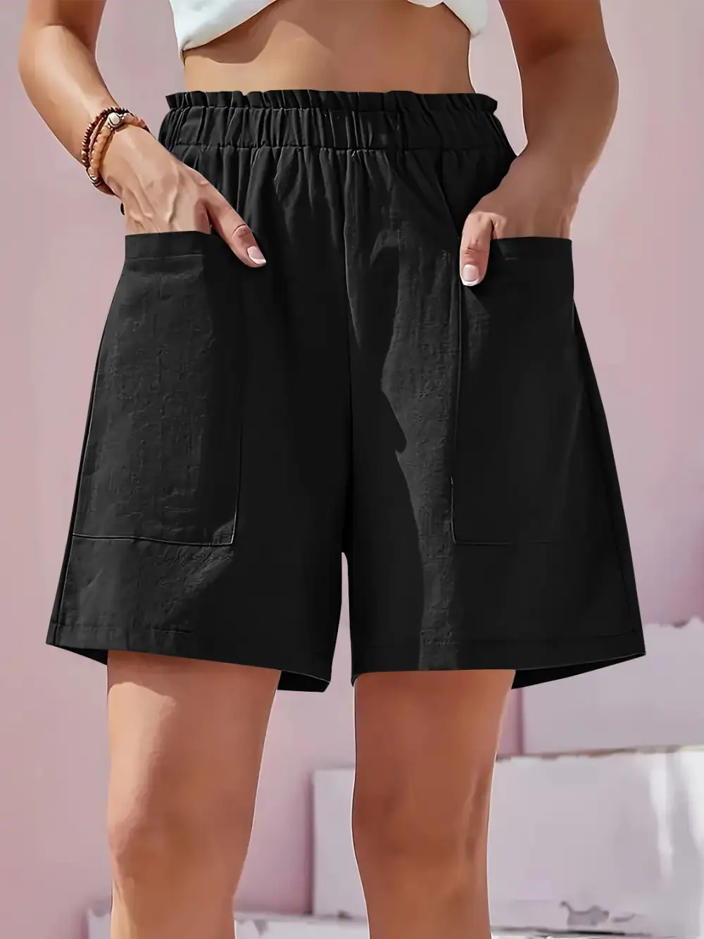 Clean Front Elastic Waist Pocket Detail Shorts