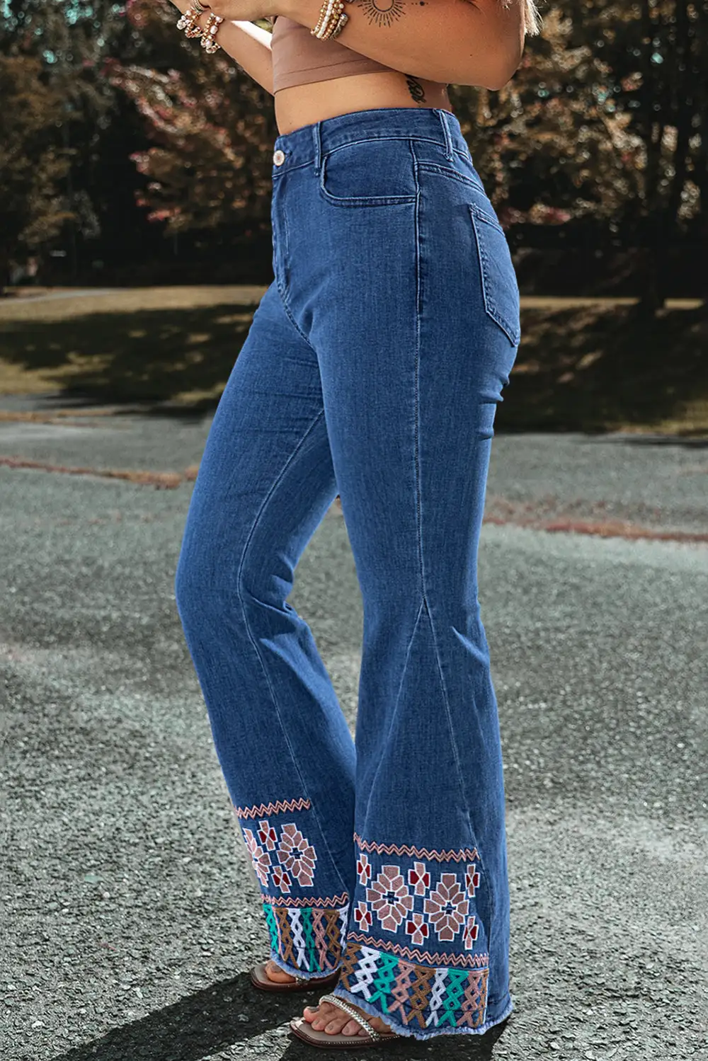 Blue Geometric Embroidered Raw Hem Flared Jeans
