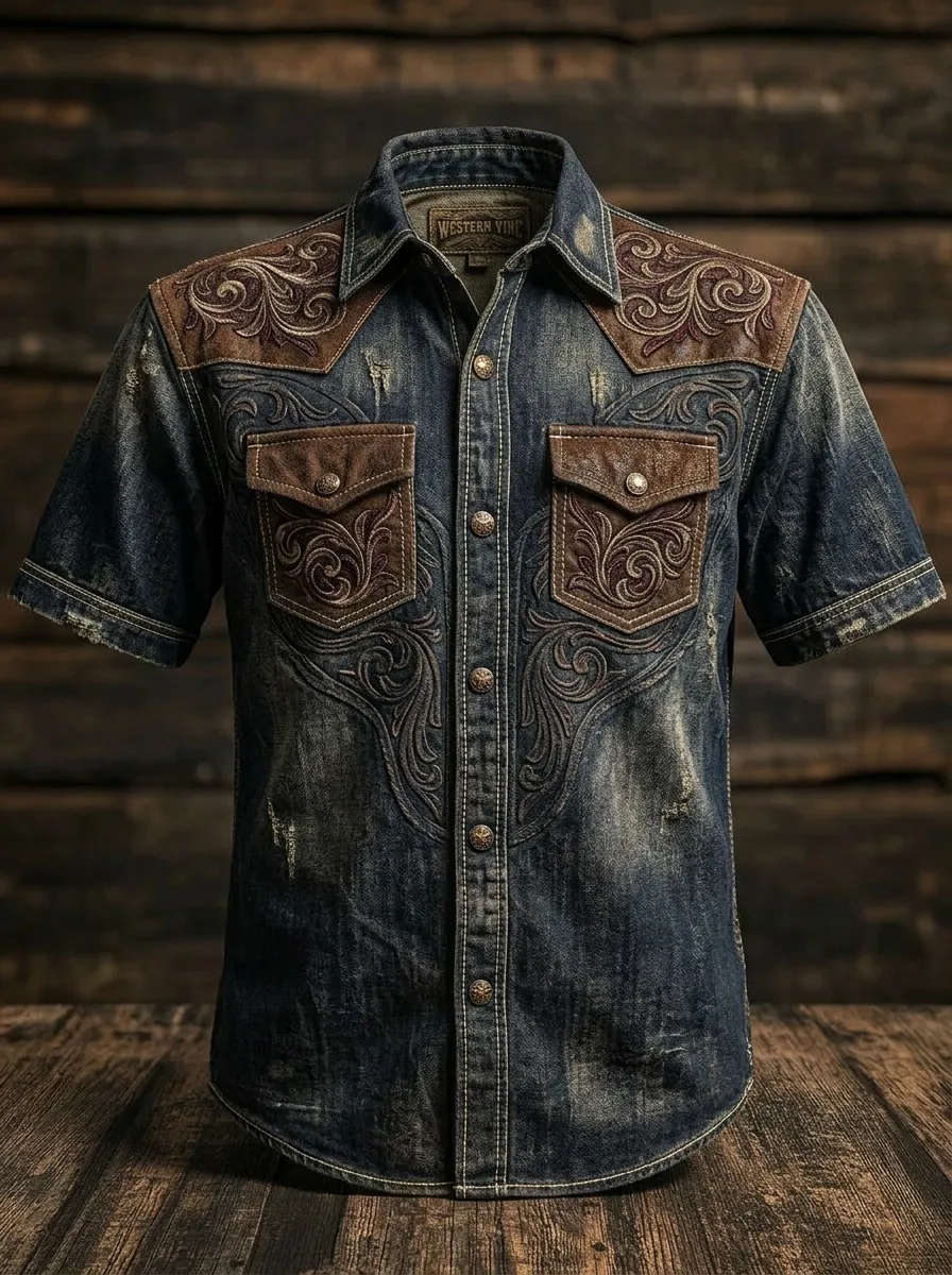 Men's Western Cowboy Floral Embroidered Distressed Denim Shirt