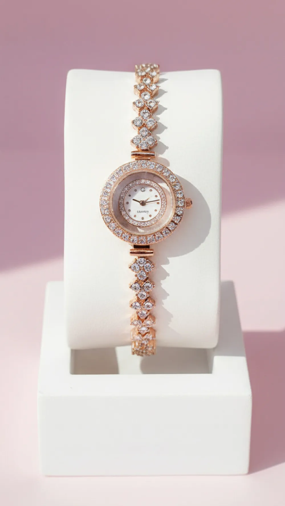 Round Face Crystal Bezel Link Quartz Watch