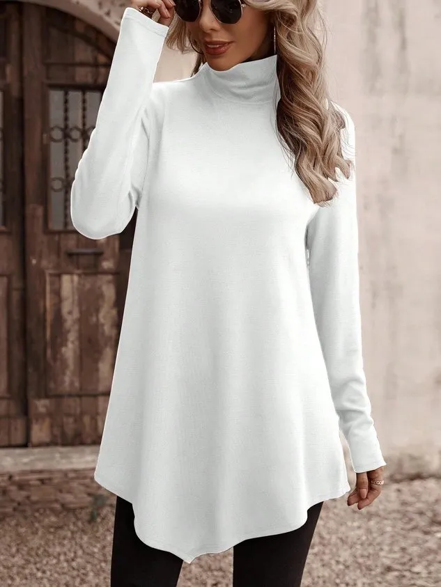 Casual Plain Turtleneck Long Sleeve T-shirt