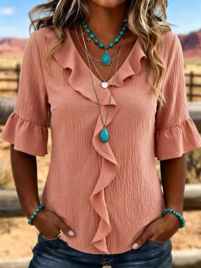 Women'S Retro Art Patchwork Ruffle Edge Shirt