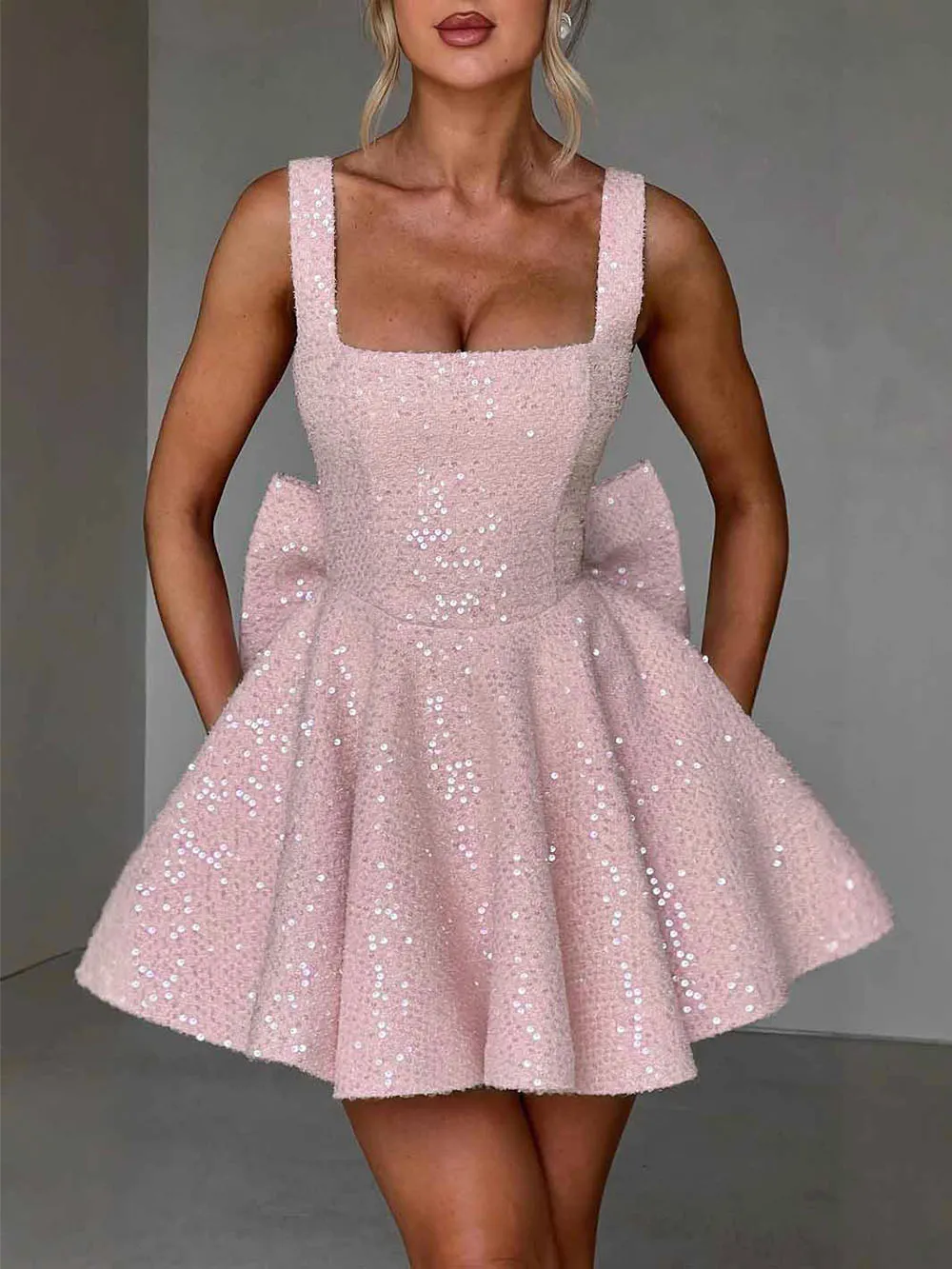 Square Neck Line Elegant Mini Dress