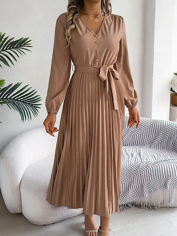 Pleated Buttoned Belted Long Neck Maxi Dress