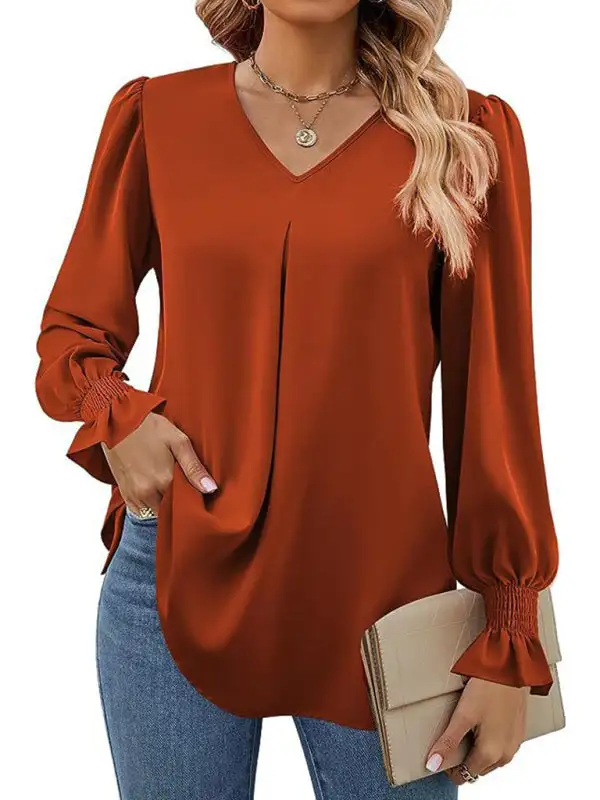 Pleated Chiffon V-Neck Blouse