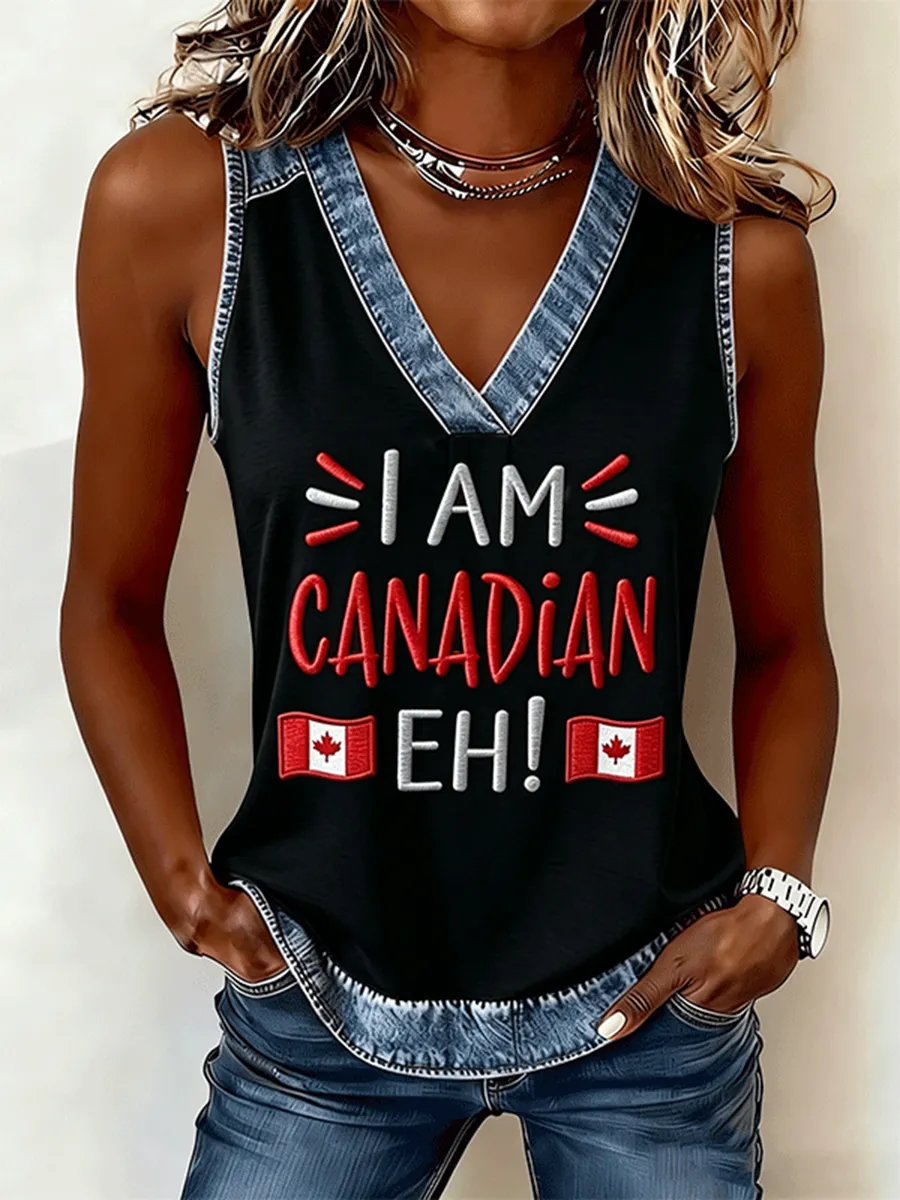 Women's I Am Canadian Eh! Denim Trim Embroidered Tank Top