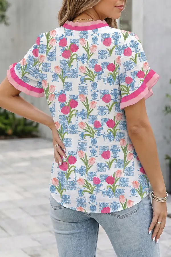 Rose Floral Print Ruffle V-Neck Short Sleeve Loose Tunic Shirt