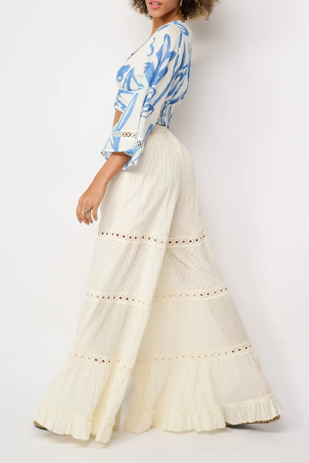 White Eyelet Detail Flared Pants