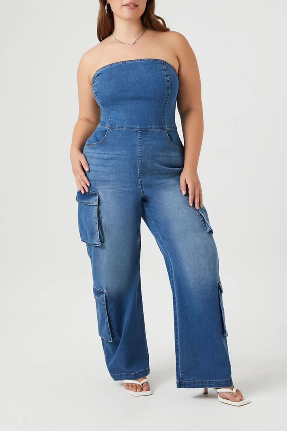 Plus Size Strapless Denim Jumpsuit