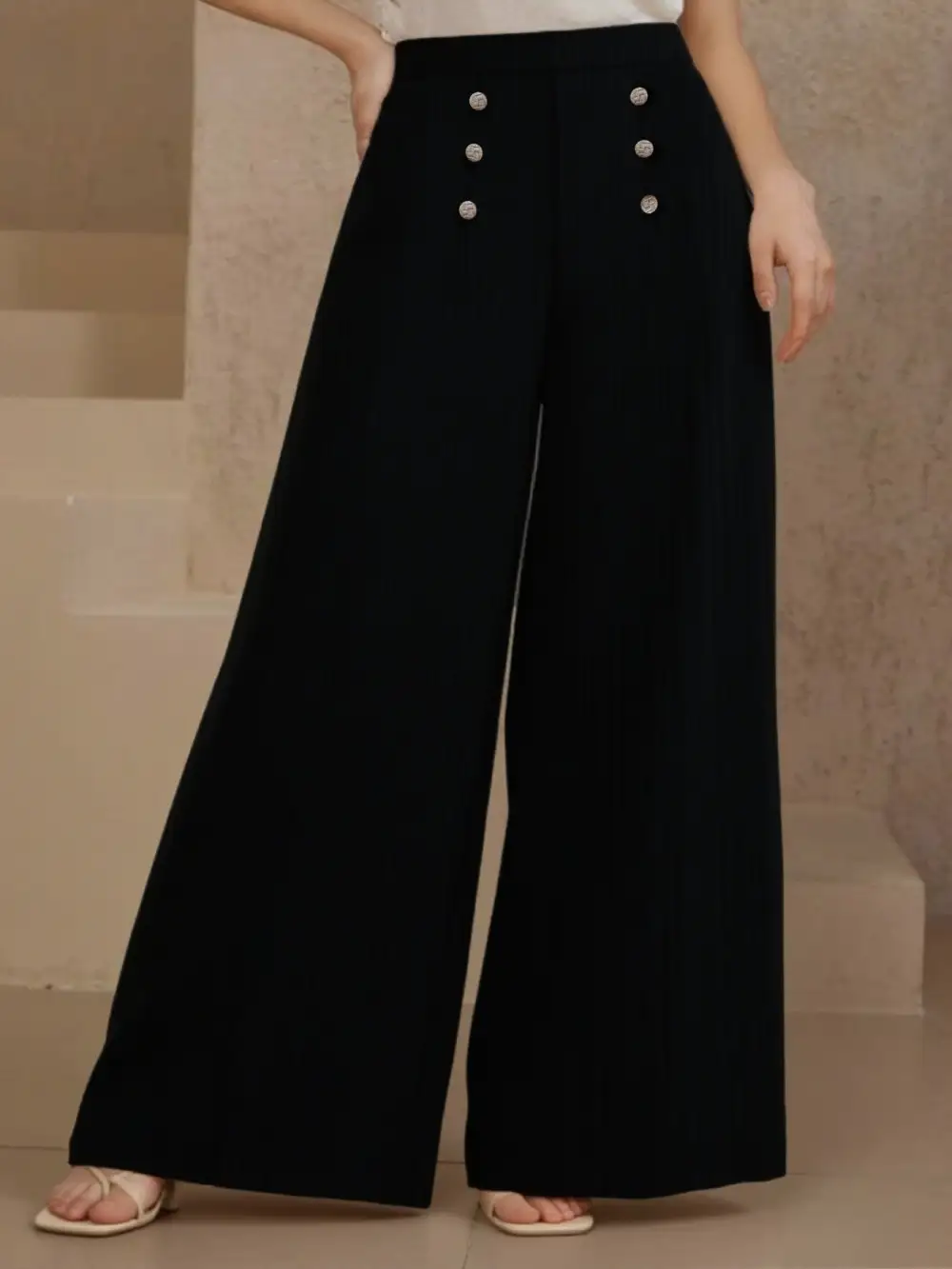 High Waist Wide Leg Button Decor Pants