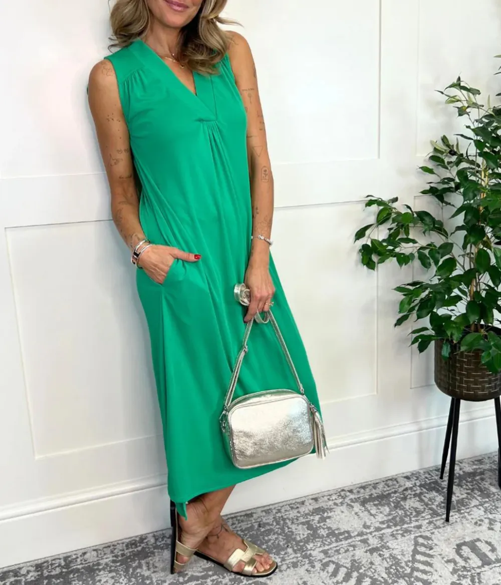 Green V Neck Shift Dress