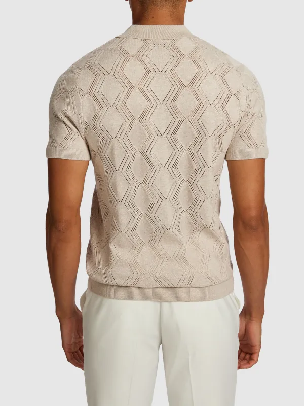 Beige Short Sleeve Diamond Pattern Polo Shirt