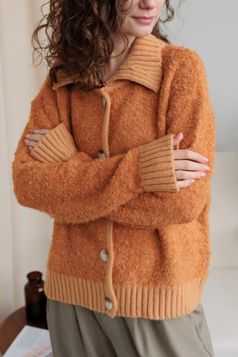 Collared Neck Button-Down Long-Sleeve Cardigan