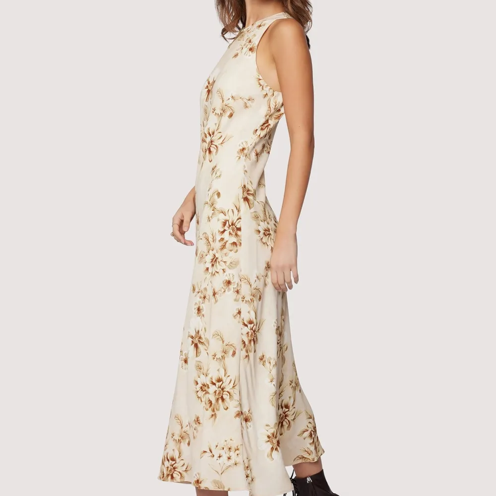 Women's Floral Button Front Crew Neck Midi Dress