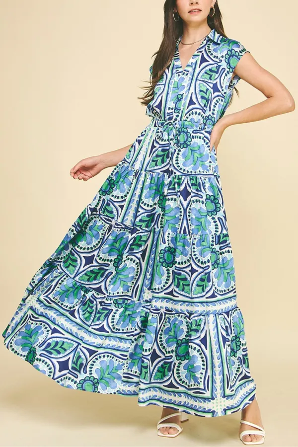 Drawstring Sleeveless Tiered Midi Dress