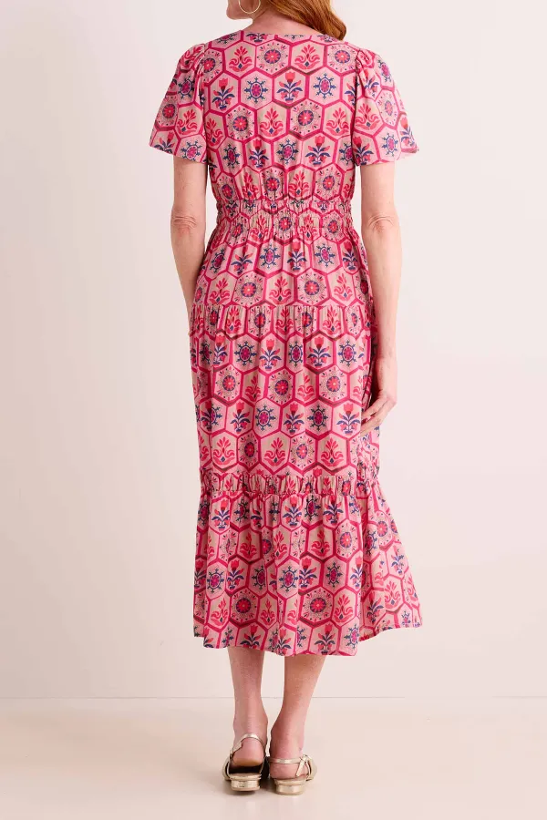 Pink Floral Print Short Sleeve Tiered Maxi Dress