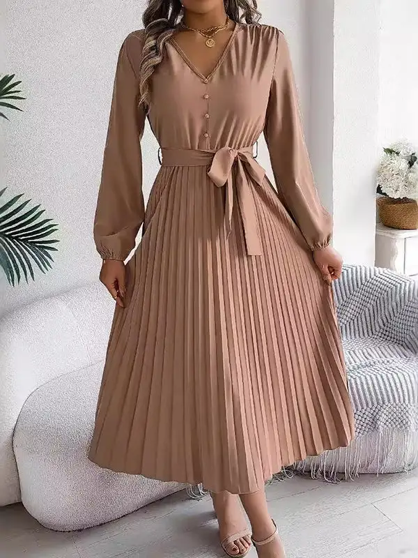 Pleated Buttoned Belted Long Neck Maxi Dress
