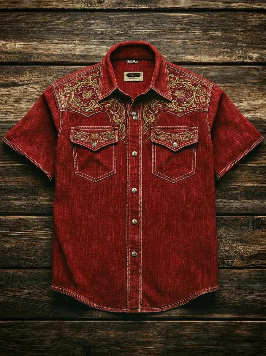Men's Western Cowboy Floral Embroidery Printed Shirt
