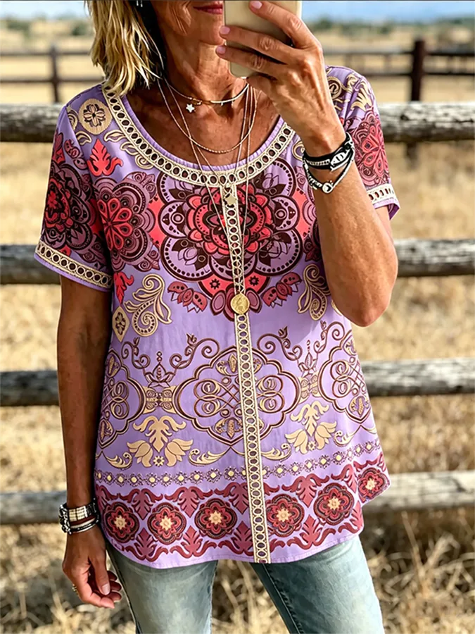 Mandala Print Trim Short Sleeve Western Casual Blouse