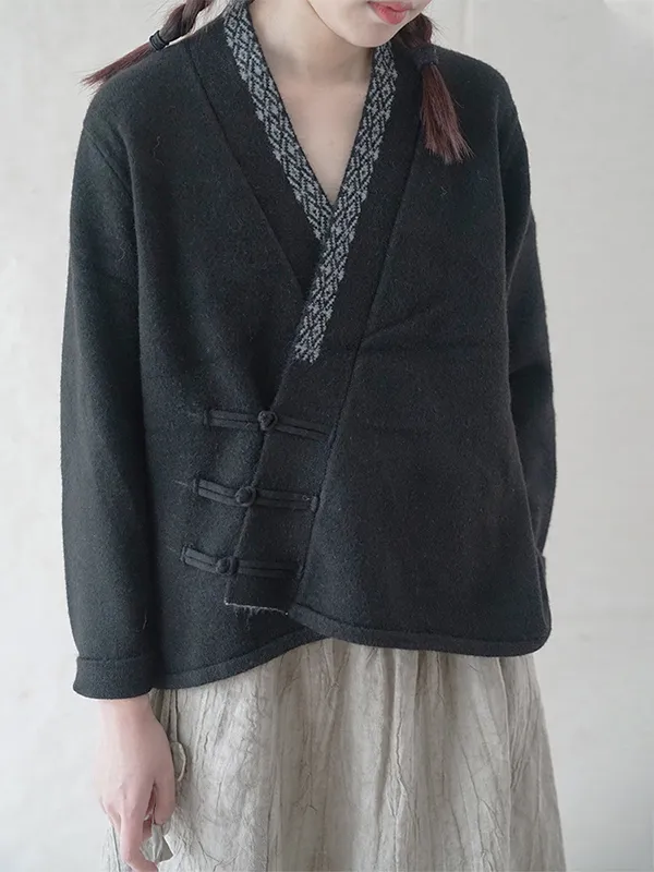 Vintage Neckline Embroidered Knit Cardigan Sweater