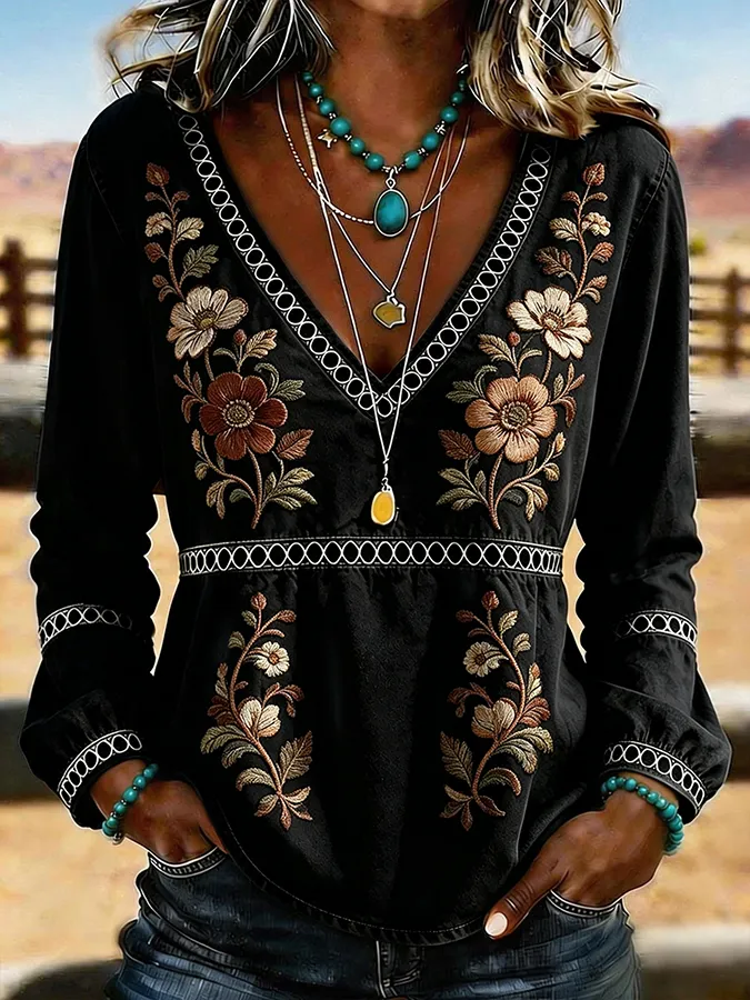 Women's Western Vintage Floral Print Casual V-Neck T-Shirt