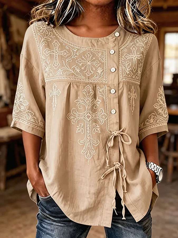 Women's Turquoise Cross Embroidered Tie Waist Western Linen Blouse