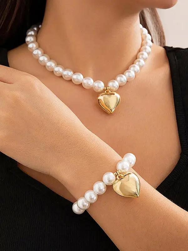Beaded Heart Motif Polished Dainty Necklace Bracelet Set