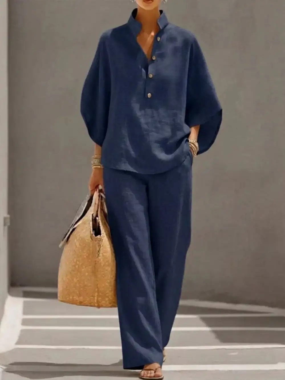 Button Detail Sleeve Top and Pants Set