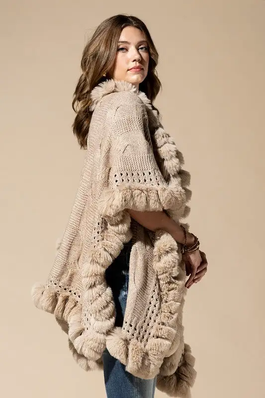 Vegan Fur Trimmed Cable Knit Woven Ruana Sweater