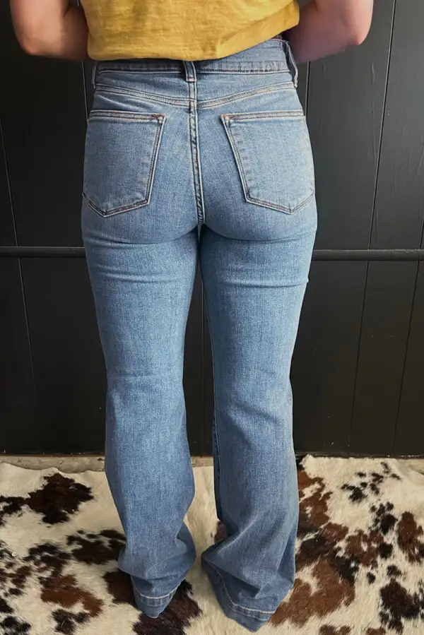 Button High Waist Piping Trim Bootcut Jeans