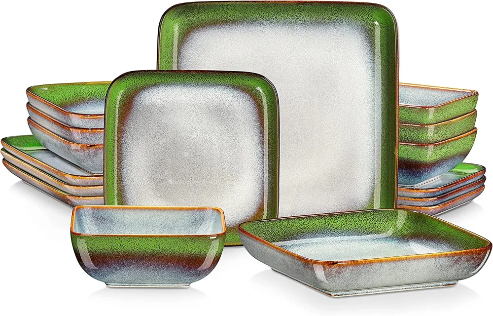 vancasso Stern Green-Blue Dinner Set- Square Reactive Glaze Tableware- 32 Pieces Kitchen Dinnerware Stoneware Crockery Set with Dinner Plate, Dessert Plate, Bowl and Soup Plate Service for 8