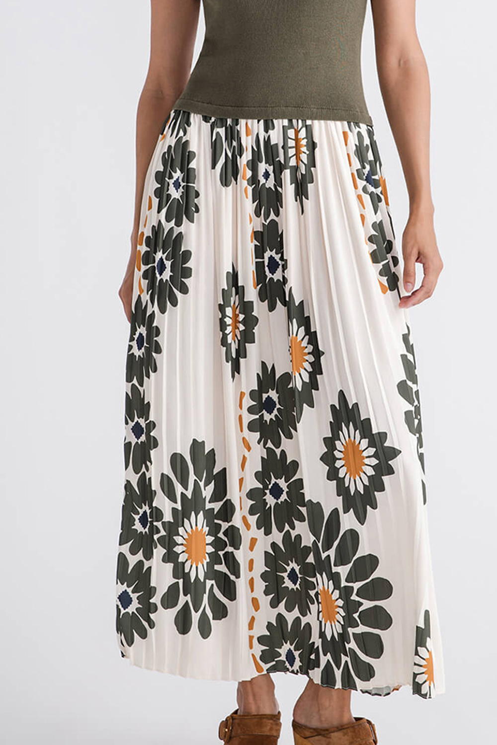 Skies Are Blue Printed Pleated Midi Dress - cream-olive