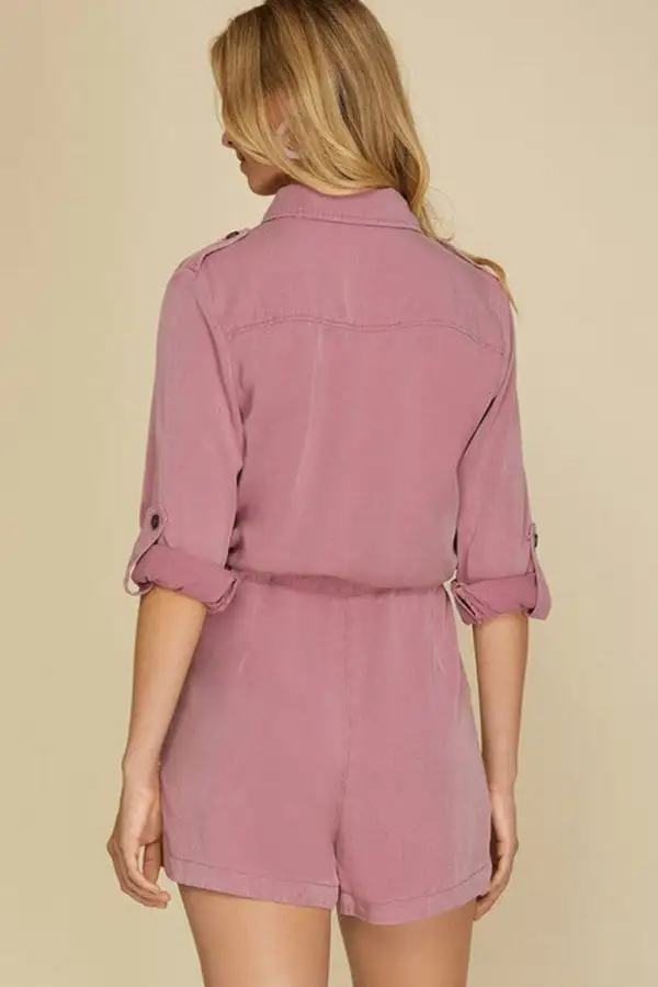 Roll Up Sleeve Flap Pockets Drawstring Playsuit