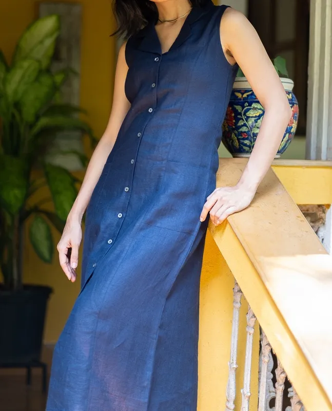 Navy Blue Linen Notch-Collar Dress