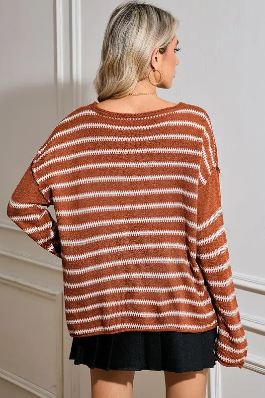 Casual Stripe Round Neck Drop Shoulder Sweater